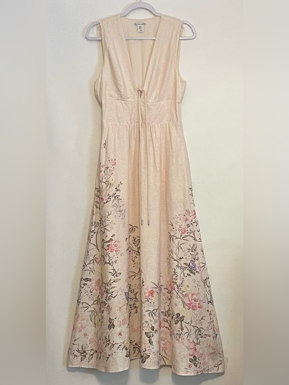 Christian Lacroix Sleeveless Pink Linen Blend Floral Maxi Dress w Drawstring XS